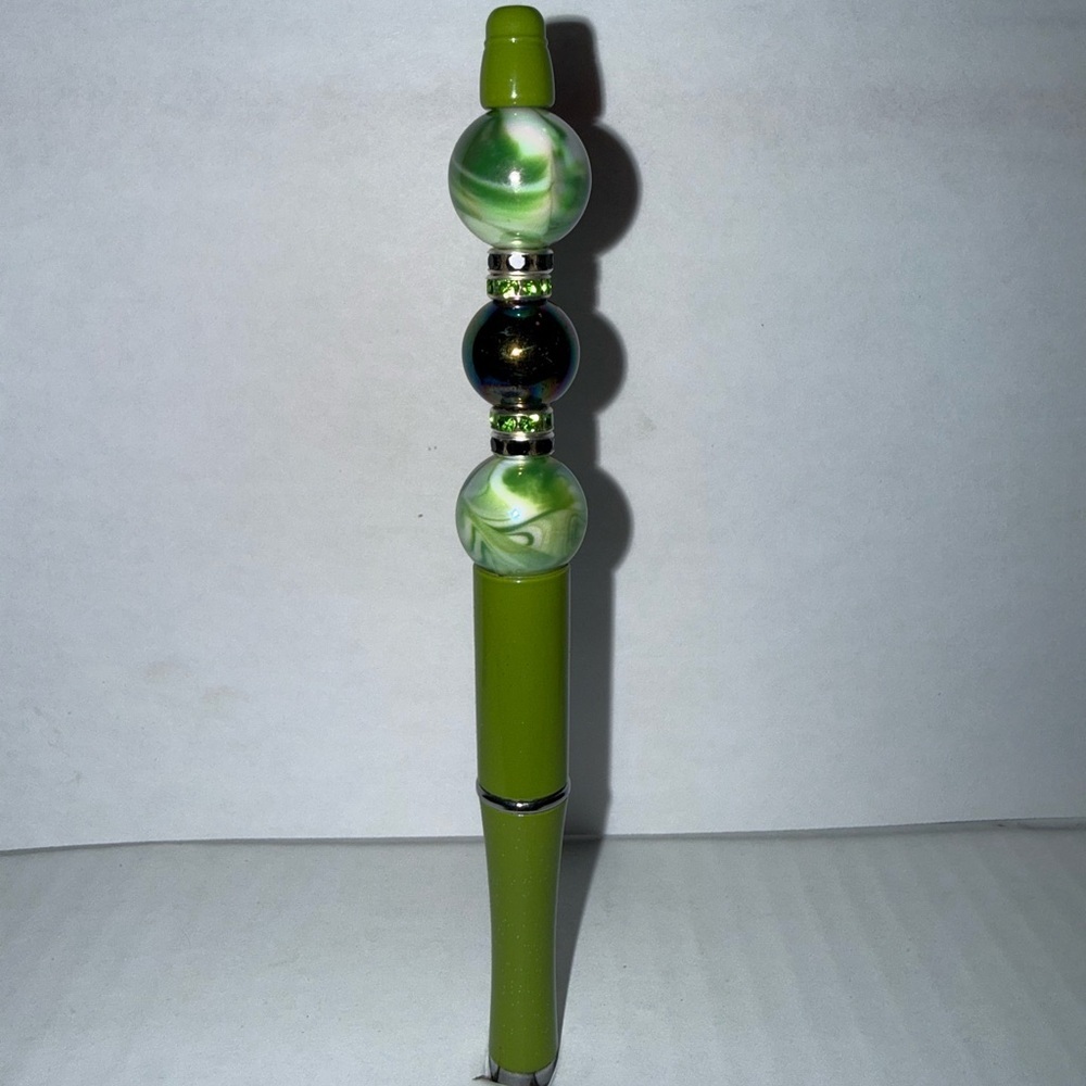 Handmade Beaded Pen- Olive Green pen with green marble resin beads